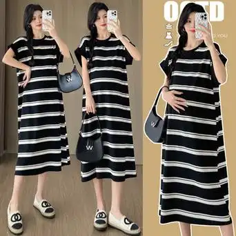 孕妇装2024夏季新款大码短袖t恤中长款休闲条纹宽松孕妇连衣裙潮