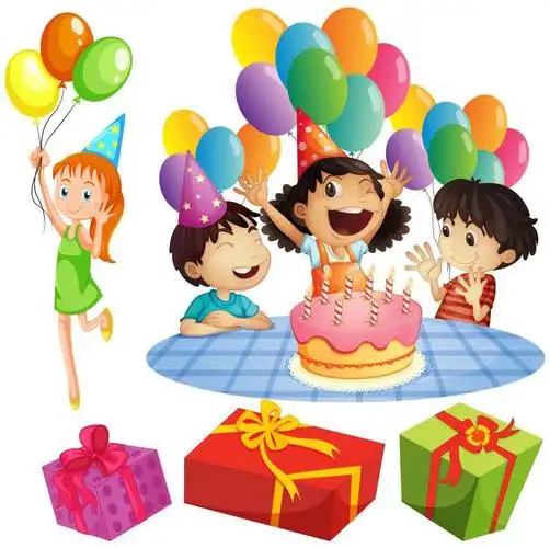 矢量卡通孩子们在生日派对上带气球