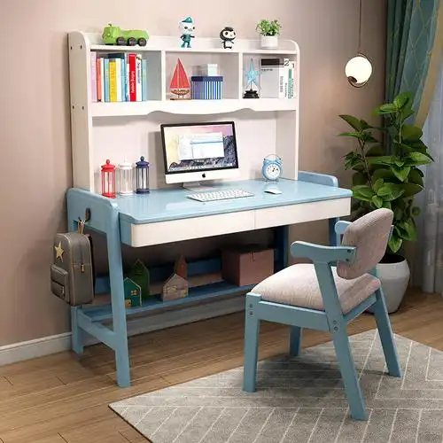 实木书桌书架一体儿童房学习桌椅子可升降家用卧室中小学生写字桌最新