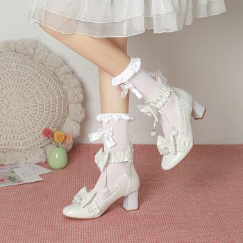 待婉儿童高跟鞋白色公主鞋女童配礼服洛丽塔lolita鞋女童粗跟圆头单鞋