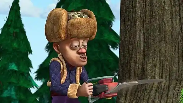 熊出没:光头强拖着锯子正在砍树,熊大熊二闻声而来