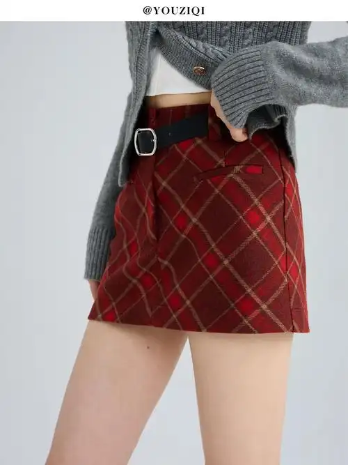 youziqi柚子琪红色格子半身裙女撞色高腰百搭短裙a字裙包臀裙子
