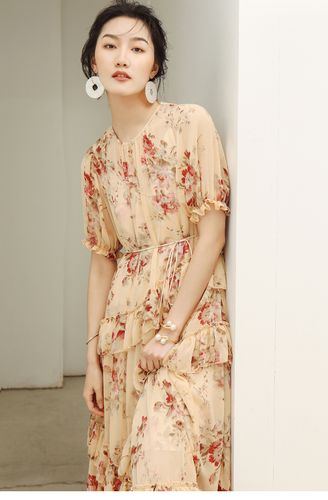 半岛荼蘼 清新花色连衣裙时尚气质花朵图案收腰海边度假中长裙 夏