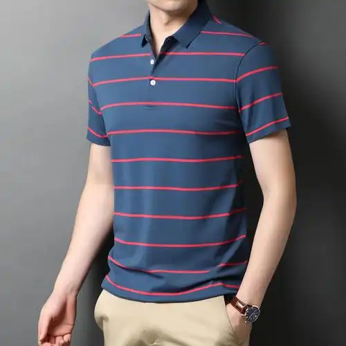 2021爸爸夏季短袖男士体恤商务宽松条纹翻领polo衫纯棉中年t恤 男