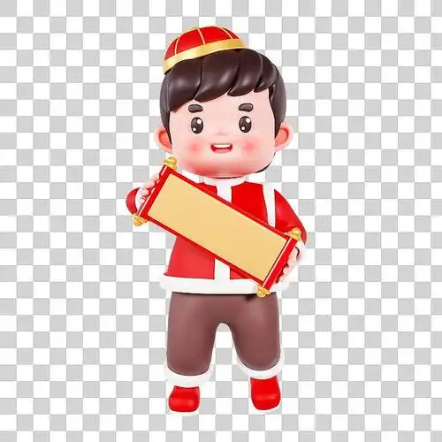 3d渲染的中国娃娃福娃小男孩对拿对联拜年春节喜庆人物元素图片下载