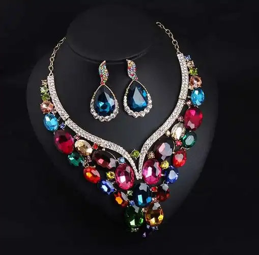 欧美奢华 彩色红水晶玻璃宝石短锁骨项链耳环套装礼服晚宴饰品