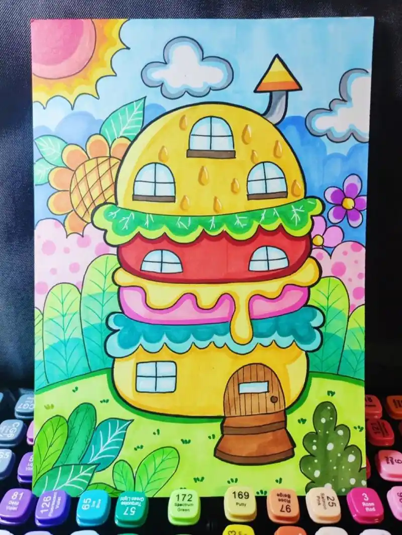 马克笔儿童画—《创意房子》                临摹95儿童画 绘画