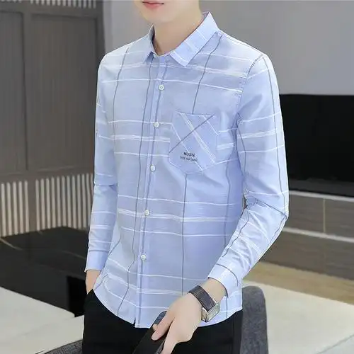 孟康mengkang衬衫男长袖蓝色格子秋季商务休闲中青年正装上班寸衫衬衣