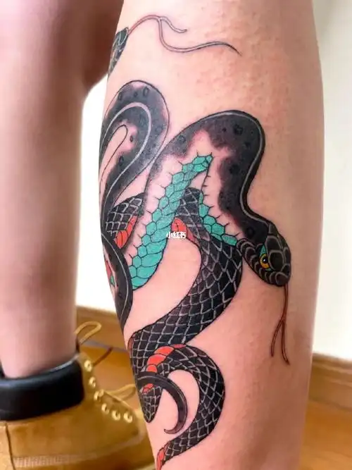 双蛇原创日式小腿纹身