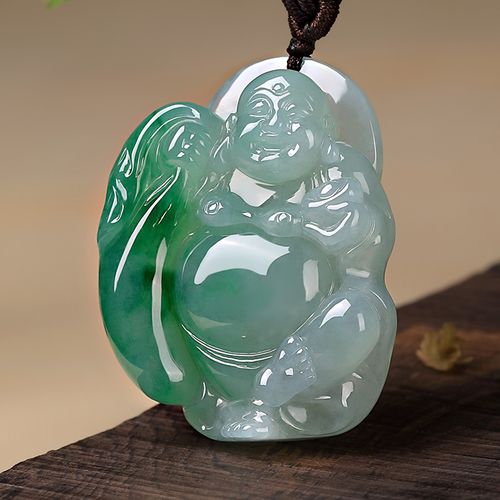 翡翠初源佛公吊坠冰糯种飘绿布袋玉佛大肚逍遥颈饰