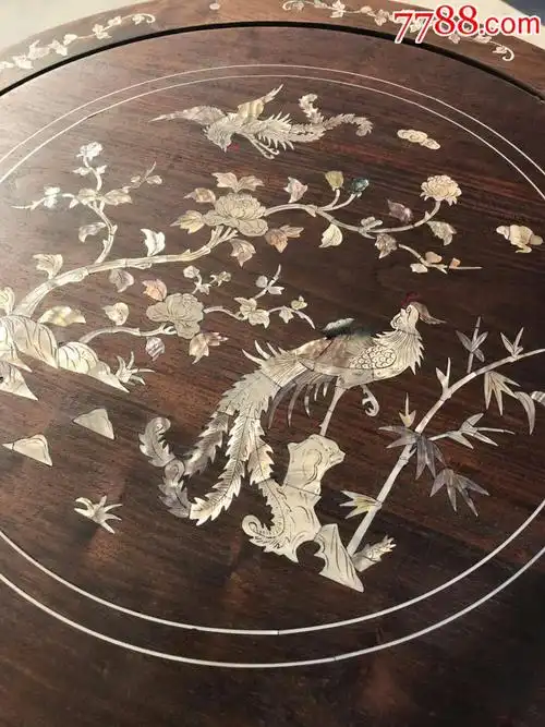 花梨木镶嵌贝壳圆桌五件套