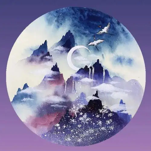 国风水彩团练扇面附过程图