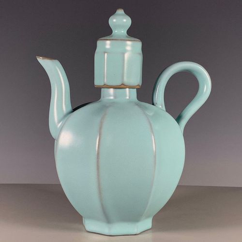 古董瓷器 崇宁元年宋汝瓷天青釉六角执壶酒壶古玩收藏老货