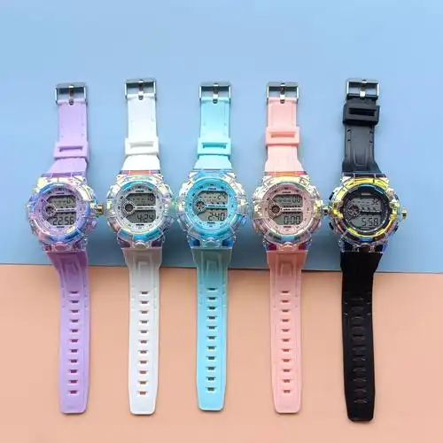 2023新款电镀炫彩表壳电子手表儿童时尚潮流多功能运动防水手表