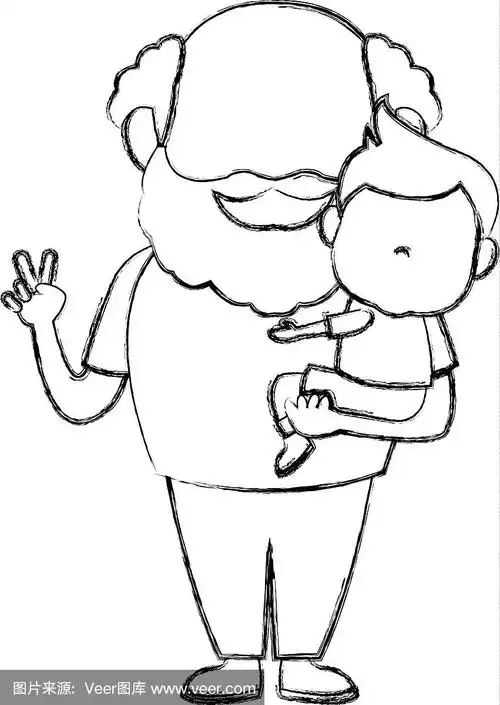 卡通快乐爷爷和他的孙子在白色