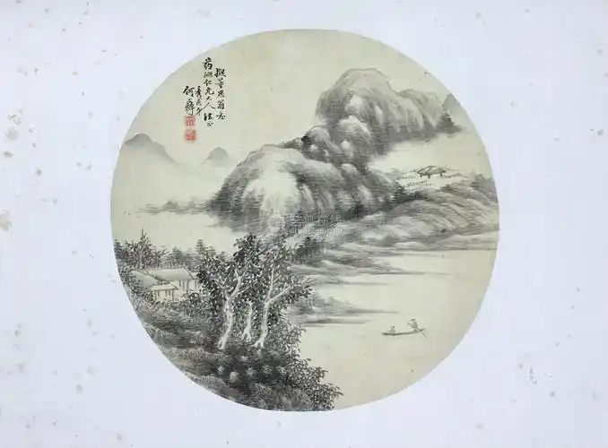 何文焯 山水圆光 水墨绢本 老裱镜心