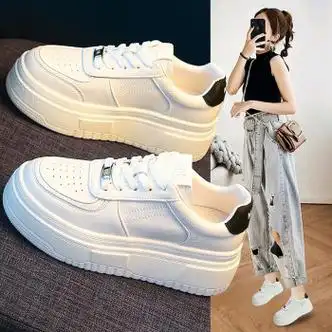 yxko牛皮小白鞋女秋季女鞋透气休闲鞋女简约百搭板鞋女厚底增高显瘦鞋