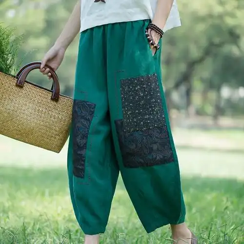 春夏女新款棉麻灯笼裤女民族风宽松高腰垂感九分复古刺绣裤子薄