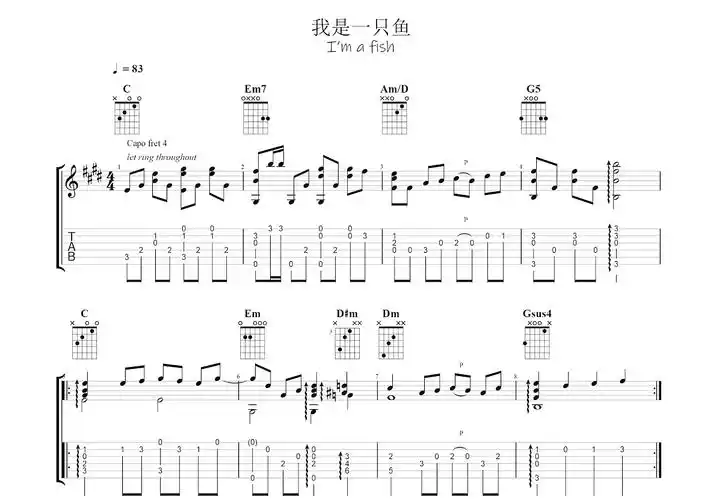 我是一只鱼吉他谱_落日飞车_c调指弹 - 吉他世界