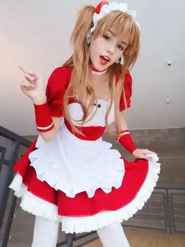 俄罗斯萌妹shiroganesama明日香红白女仆装cos