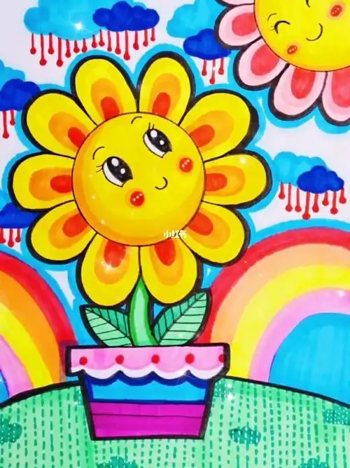 向日葵简笔画涂色用蜡笔上色