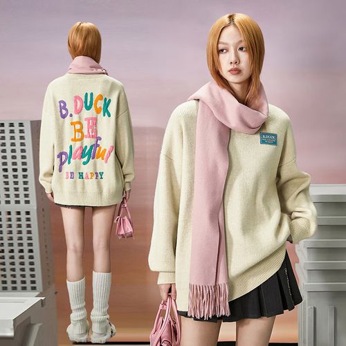 duck小黄鸭女装驼毛绒提花毛衣秋冬新款宽松慵懒风毛衫潮 杏色 l