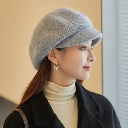 毛线鸭舌帽女针织兔毛蓓蕾帽子2022秋冬百搭款时尚韩系八角贝雷帽