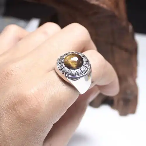 戒指纯银男士戒托复古旋转空托镶嵌蜜蜡绿松戒指