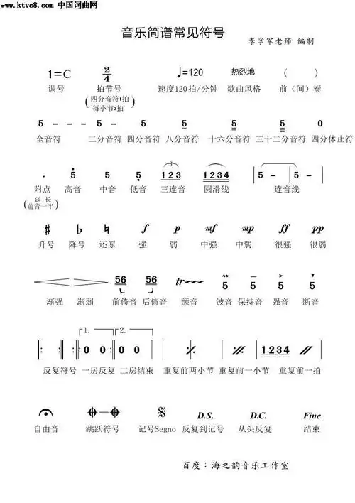 音乐 常见符号 歌谱 简谱