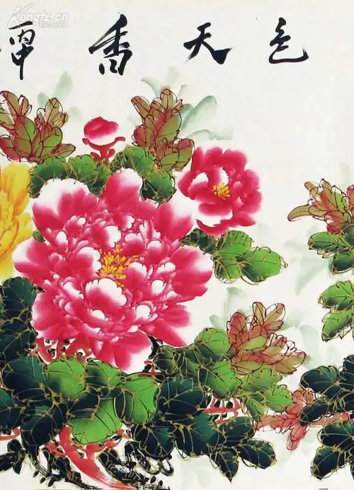 赵新国画小六尺描金小写意牡丹 《国色天香》笔法纯朴 色墨浑厚 艳而