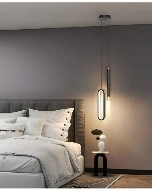 卧室床头灯现代简约轻奢风长线带射灯氛围灯北欧床头柜小吊灯黑金色暖