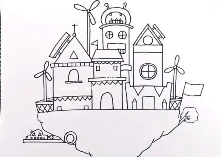 儿童画漂浮未来城市空中之城市创想会飞房子