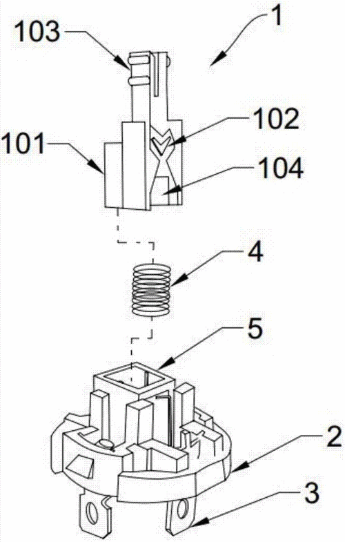 按压式开关自锁机构,包括按钮,底座和插脚,按钮与底座间设有弹簧,底座