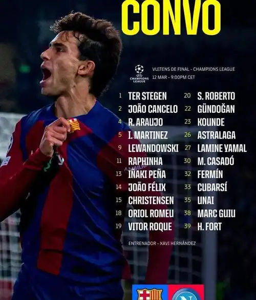 冲击欧冠八强巴萨战那不勒斯大名单莱万拉菲尼亚在列