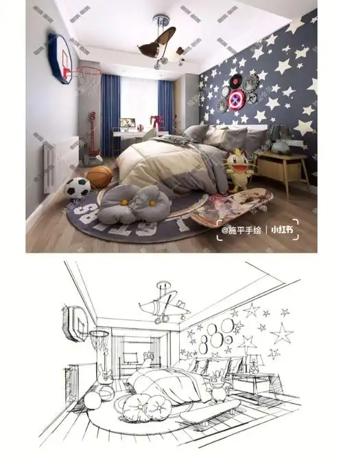 室内设计手绘儿童房空间线稿步骤图