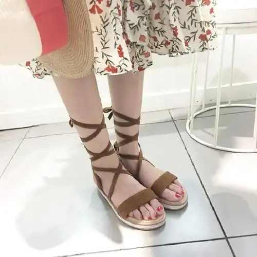 2018学院风交叉带绑带绑腿一字带厚底平底休闲女士凉鞋罗马鞋女鞋