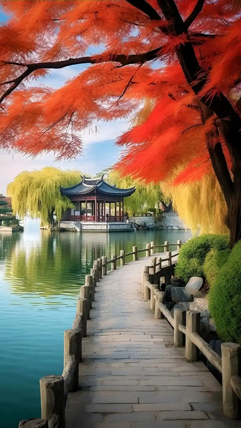 西湖美景,湖面上倒映着秋天的美丽,微风吹拂,落叶随风飘舞.漫 - 抖音