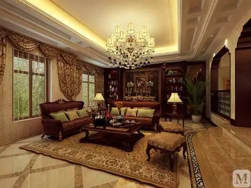 以咖啡色为主,大吊灯,欧式家具,条纹,印花的布艺,彰显欧式古典风格