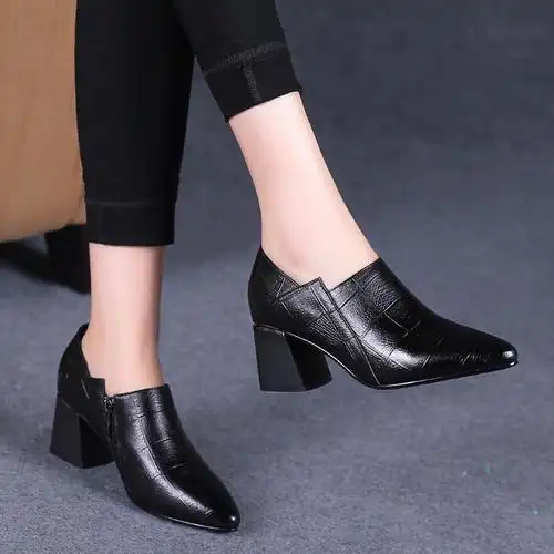 女鞋2020新款春季尖头半高跟真皮软皮单鞋女粗跟春款中跟皮鞋春秋