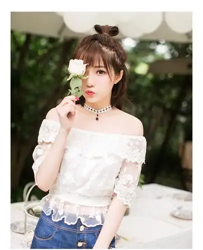 秋千梦 甜美淑女2017夏装一字肩收腰短款荷叶七分袖蕾丝雪纺衫女