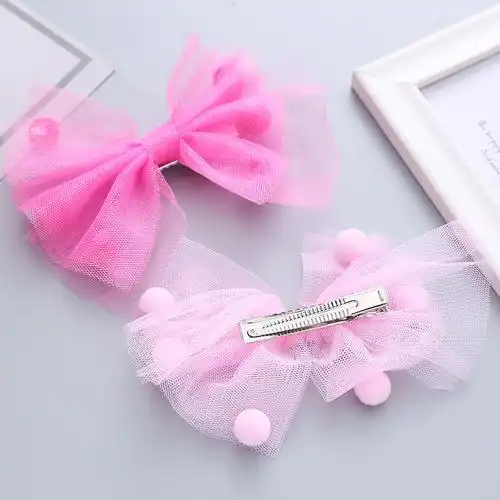 儿童可爱毛球网纱大蝴蝶结粉色头花发夹公主蓬松头饰女孩白色夹子