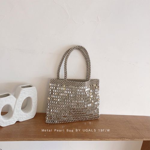 ugals复古金属闪亮包手工编织串珠包亮片珍珠包购物袋单肩手提包