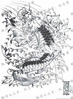 一款鳌鱼跃龙门纹身图案