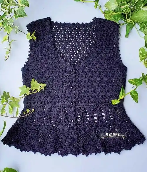 春夏外搭女士钩针黑色菠萝花马甲背心