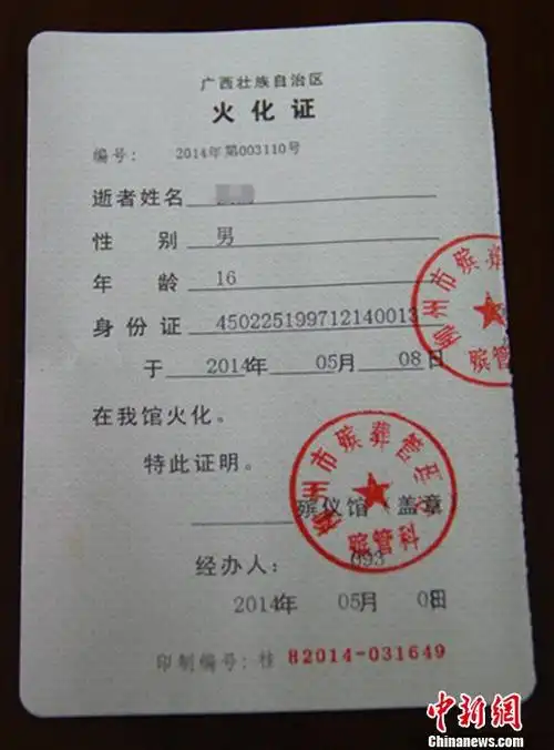 小寒的火化证明. 钟欣 摄