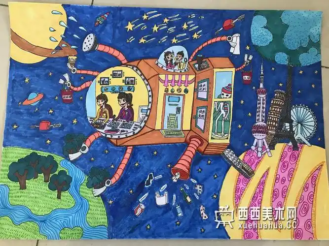 小学生三等奖科幻画《太空万能船》