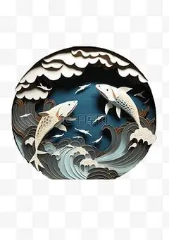 大海云朵图片_剪纸风格海浪云朵鲤鱼立体