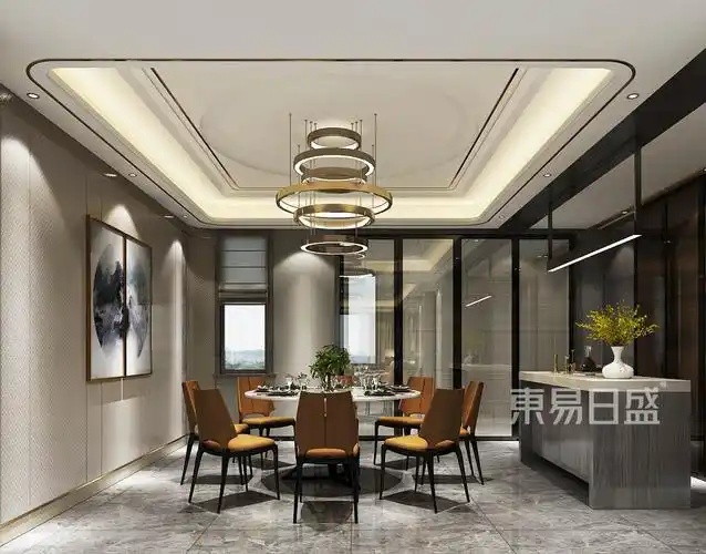 轻奢风格住宅装修餐厅做了吊顶的设计并且室内的装饰也比较有现代的