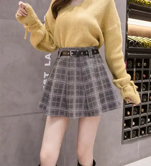裙子女半身裙2019新款秋冬季a字裙高腰百搭格子短裙毛呢加厚冬裙 黑白