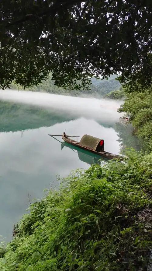 浓雾中一叶小舟静静地停在江面上,细长的船桨似乎在等待着主人摇动.